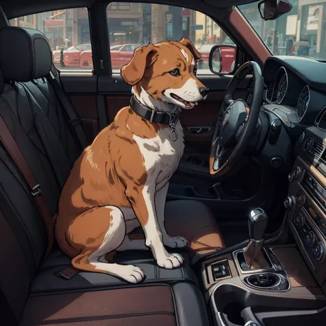 beautiful, linework, thick outlines, strong shadows, <lora:detail_slider_v4:1.0>,
cute puppy, collar, sitting in car, paws on steering wheel, leather seat, car interior, 1940s atmosphere,