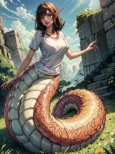 masterpiece, best quality, 1girl, (lamia:1.1), scales, white shirt, full body, outdoors, fantasy, solo, monster girl, <lora:add_detail:0.2>, <lora:aiomonstergirls_aiov4LoraLycoris:1>