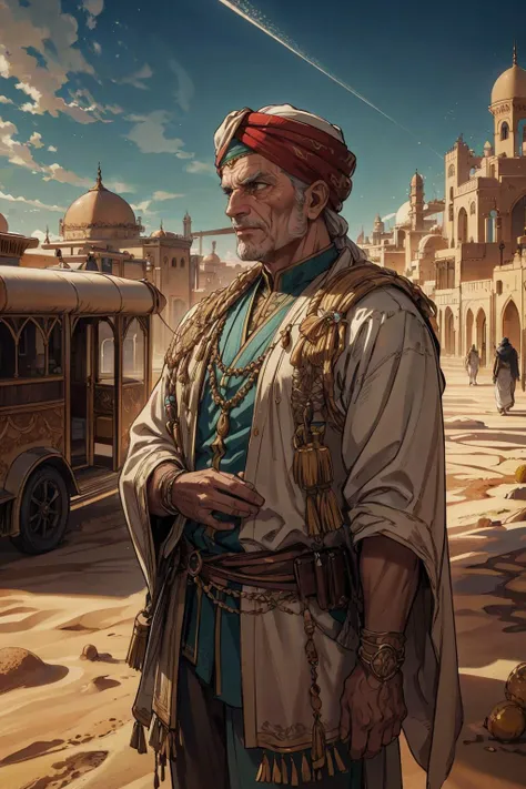 beautiful, linework, thick outlines, strong shadows, <lora:detail_slider_v4:1.0>,
(1man, wrinkled face, old portuguese male:1.2), coral eyes, graying hair, medium hair,
portrait, solo, (full body:0.6), looking up, detailed background, detailed face, (<lora:1001ArabianNightsV3:0.6>, 1001ArabianNights theme:1.1) middle-eastern desert warrior, white berber clothes, elegant fabrics, turban, proud stance, persian culture, caravan in background, desert storm, sunshine, dry climate, cinematic atmosphere,