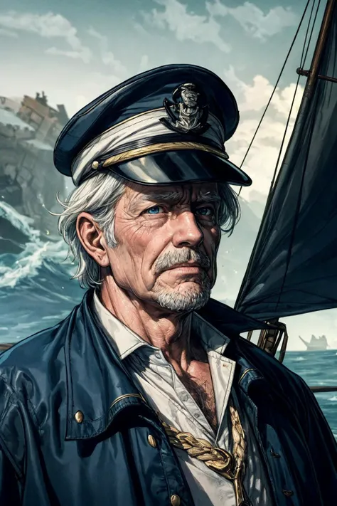(best quality, masterpiece:1.2), photorealistic, thick outlines, strong shadows, <lora:add_detail:0.75>,
(1man, wrinkled face, old british male:1.2), frail,  blue eyes, white hair, long mustache,
portrait, solo, upper body, looking at viewer, detailed background, detailed face, (<lora:smoke_model:0.4>, smokestyle theme:1.1), ship captain, confident, blue elaborate naval uniform, elegant cloak, captain hat, decorations,  in dock, sails,   anchor,  island in background, stormy, dramatic lighting,  cinematic atmosphere,