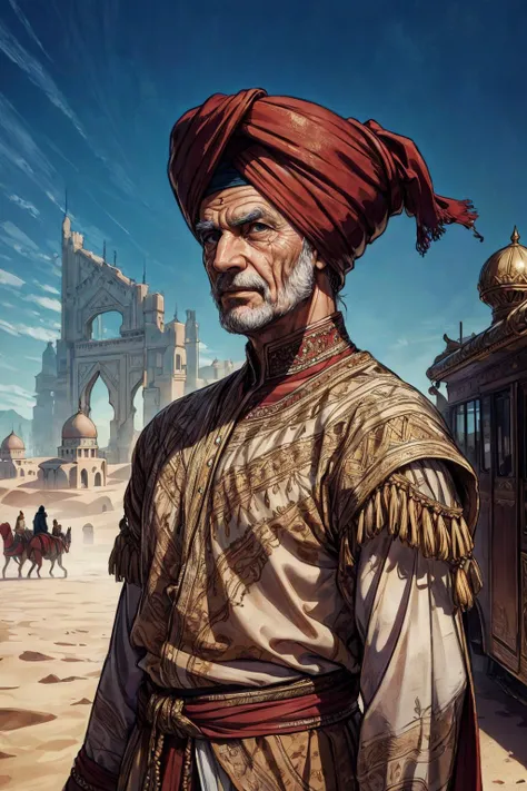 (best quality, masterpiece:1.2), photorealistic, thick outlines, strong shadows, <lora:add_detail:0.75>,
(1man, wrinkled face, old portuguese male:1.2), coral eyes, graying hair, medium hair,
portrait, solo, (full body:0.6), looking up, detailed background, detailed face, (<lora:1001ArabianNightsV3:0.6>, 1001ArabianNights theme:1.1) middle-eastern desert warrior, white berber clothes, elegant fabrics, turban, proud stance, persian culture, caravan in background, desert storm, sunshine, dry climate, cinematic atmosphere,