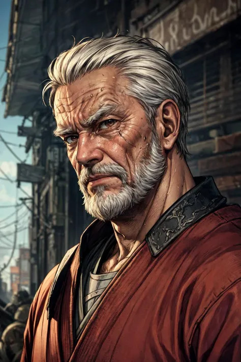 (best quality, masterpiece:1.2), photorealistic, thick outlines, strong shadows, <lora:add_detail:0.75>,
(1man, wrinkled face, old male:1.2), frail, brown eyes, white hair, thick beard,
solo, upper body, looking at viewer, detailed background, detailed face, (fallout theme:1.1), samurai, dark red samurai armor, aggressive expression, bushido, banner in background, cinematic atmosphere,