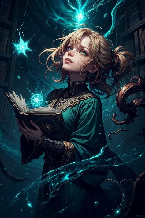 (best quality, masterpiece:1.2), photorealistic, thick outlines, strong shadows, <lora:add_detail:0.75>,
1 girl, adult swedish woman, freckles, ruby eyes, blonde long hair,
(style-swirlmagic:1.0), portrait, looking up, solo, upper body, detailed background, detailed face, (<lyco:SteamPunkBundle2v:0.4>, cogpunkai, cogpunk theme:1.1) evil wizard,  red magical robes, sinister smirk, crimson color scheme, dark green light, study room, bookshelves,  evil book, dark atmosphere, shadows, realistic lighting, floating particles, sparks, surrounded by green lightning <lora:LightingVFX:0.1>,  summoning, (thick melting candles:0.8), blue arcane symbols, corrupted by eldritch power, power-hungry eyes,