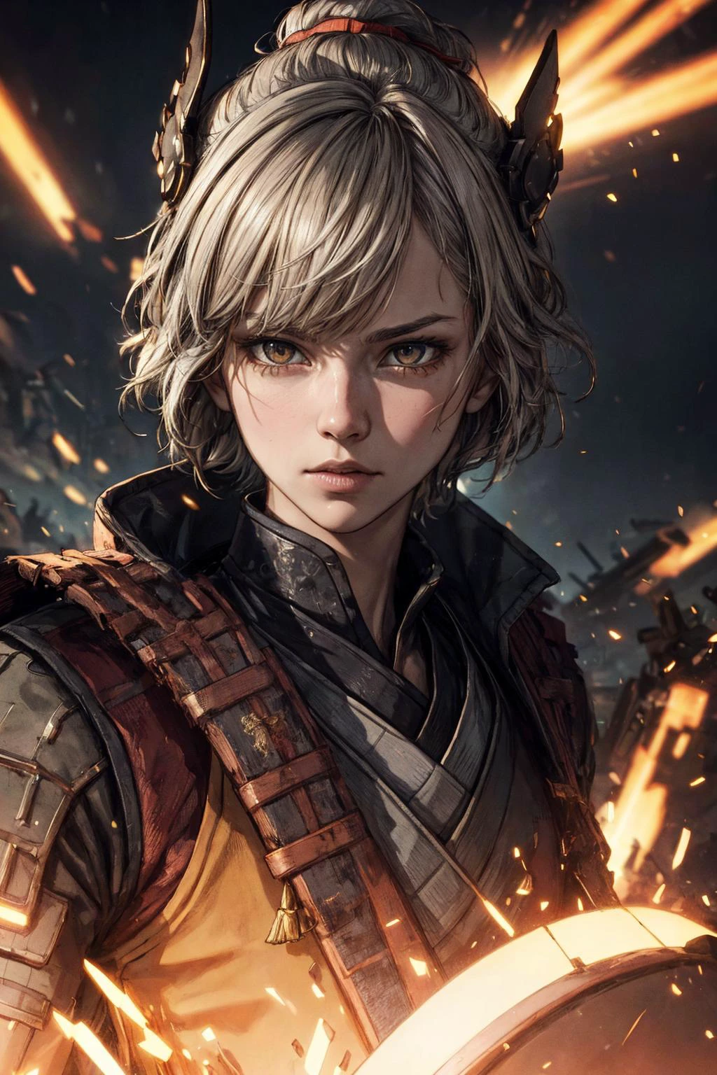 (best quality, masterpiece:1.2), 8k detailed cgi render, thick outlines, strong shadows, <lora:add_detail:0.75>,
1 girl, adult woman, dark brown eyes, white hair flaps,
portrait, solo, upper body, looking at viewer, detailed background, detailed face, (<lora:Neonpunkai-8:0.4>, Neonpunkai, neon theme:1.1), shogun, dark brown samurai clothing, samurai helmet, dynamic pose, bushido, battlefield in background, cinematic atmosphere,