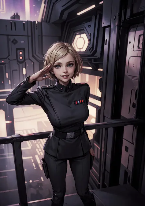 ((best quality, masterpiece:1.2), star wars theme, 8k detailed photo), Chloe Grace Moretz, Gorgeous Star Wars Imperial death star gunner, all black uniform,  ((full body leaning against railing selfie)), (saluting), (slender build, action pose), (death star theme), ((purple:grey eyes)), makeup, mascara, eyeshadow, red lipstick, blonde hair, very short pixie cut, [freckles on cheeks], ((wide smile, looking at camera, best quality, perfect face, RAW photo))  <lora:ImpofficerV2:0.4>