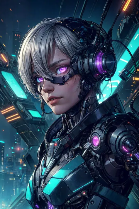 (best quality, masterpiece:1.2), 8k detailed cgi render, thick outlines, strong shadows, <lora:add_detail:0.75>,
(1man, old ukrainian male:1.2), wise, ruby eyes, white hair, short back and sides,
portrait, solo, upper body, looking at viewer, detailed background, detailed face, (<lora:RetroFuturismAI:0.5>, RetroFuturismAI, retro-futurism theme:1.1), android, cyborg, biomechanical limbs, mechanical eyes, wires, advanced technology, emotionless, sleek design, augmented reality, steel, digital implants, nanotechnology, circuits, robotics, techwear, powered by magic, particle effects, flashing dark purple lights, bioluminescent parts, reflections, neon colors, futuristic cityscape in background, epic atmosphere,