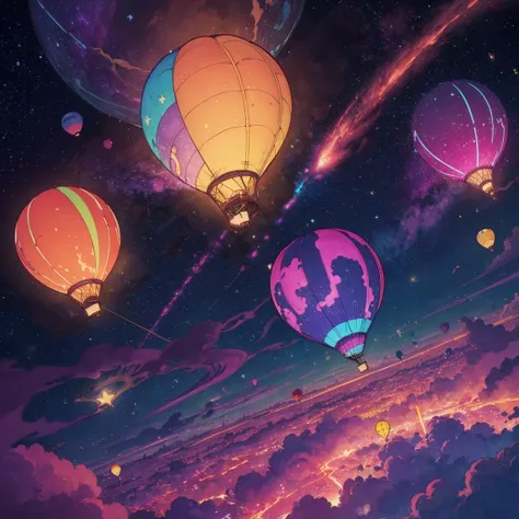 beautiful, linework, thick outlines, strong shadows, <lora:detail_slider_v4:1.0>,
colorful glowing hot air balloons, in the air, skies, clouds, striped pattern, shooting star in background, bokeh, bloom, vibrant colors, fantasy setting, ethereal magical atmosphere, colorful cosmic nebula, floating particles, lights, levitating, awe inspiring,