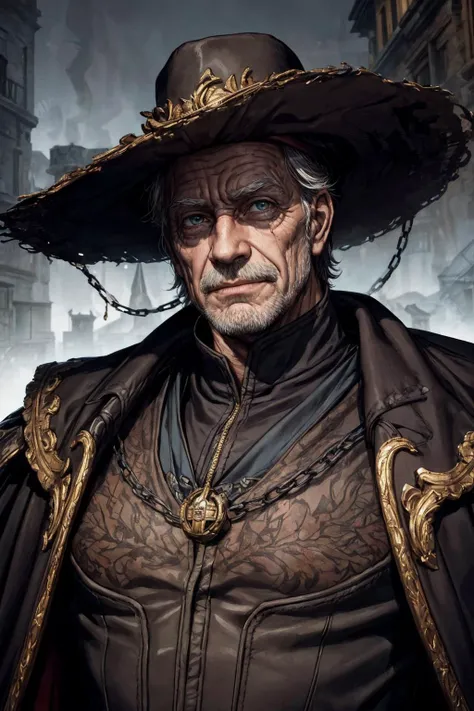 (best quality, masterpiece:1.2), 8k detailed cgi render, thick outlines, strong shadows, <lora:add_detail:0.75>,
(1man, wrinkled face, old italian male:1.2), wise, amber eyes, graying hair, sideburns,
(style-rustmagic:0.8), portrait, looking at viewer, solo, (full body:0.6), detailed background, (renaissance theme:1.1), hexbreaker, smirk, silver trimmed intricate padded leather clothes, cape, straps, belts, pockets, silver blade, imperial seal, wide brimmed tall hat, chains, dark cellar in background, autumn, mysterious atmosphere, dim lighting, shadows, warhammer dark fantasy,