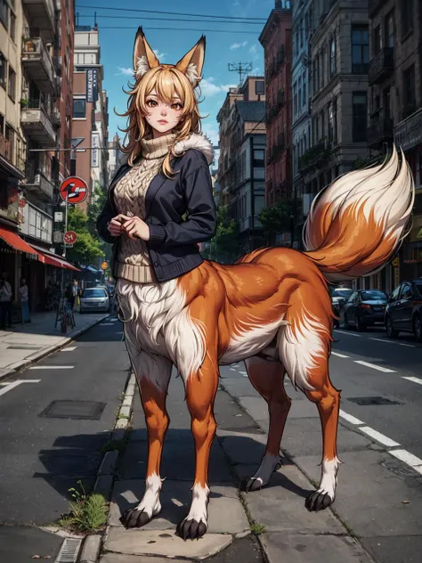 masterpiece, best quality, 1girl, fox taur, (fluffy, fur), fox tail, fox ears, fox girl, sweater, city, full body, 4 legs, paws, fantasy, solo, monster girl, <lora:add_detail:0.2>, <lora:aiomonstergirls_aiov4LoraLycoris:1>