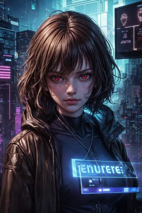 (best quality, masterpiece:1.2), photorealistic, thick outlines, strong shadows, <lora:add_detail:0.75>,
1 girl, adult (elven:0.7) woman, red eyes, brown long hair,
portrait, looking at viewer, solo, (full body:0.6), detailed background, detailed face, (1980s synthwave theme:1.1) high-tech futuristic hacker, smirk, advanced technology, coat, techwear, wearable device, keycard, head-up display, blue (holographic display:1.05), error message, encoded text, computer, cybersecurity, screens in background, subterfuge, dark sinister atmosphere, shadows,
<hypernet:sxzBloom_sxzBloom:0.2>,