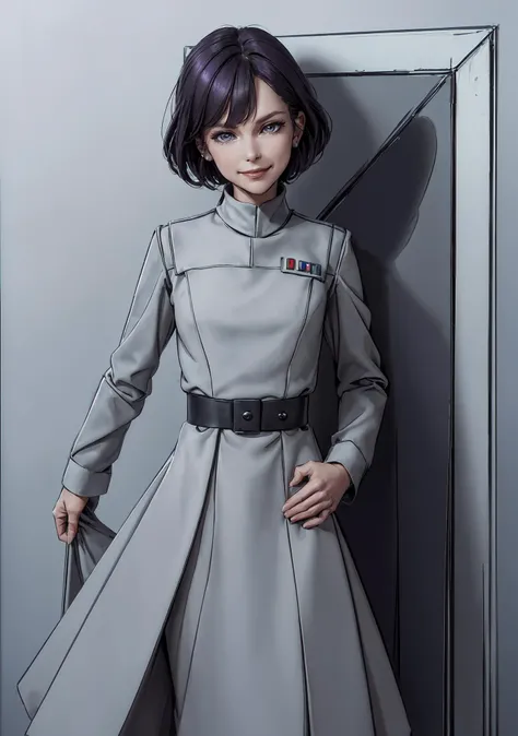 ((best quality, masterpiece:1.2, detailed background), star wars theme, 8k detailed photo), AMLIE, Gorgeous Star Wars Imperial death star officer, rank insignia, ((full body leaning against wall)), (folded arms), (slender build, action pose), (death star theme), ((purple:grey eyes)), makeup, mascara, eyeshadow, red lipstick, ((arrogant expression, proud smile, rolling eyes, best quality, perfect face, half-smile, RAW photo)) <lora:ImpofficerV2:0.4>