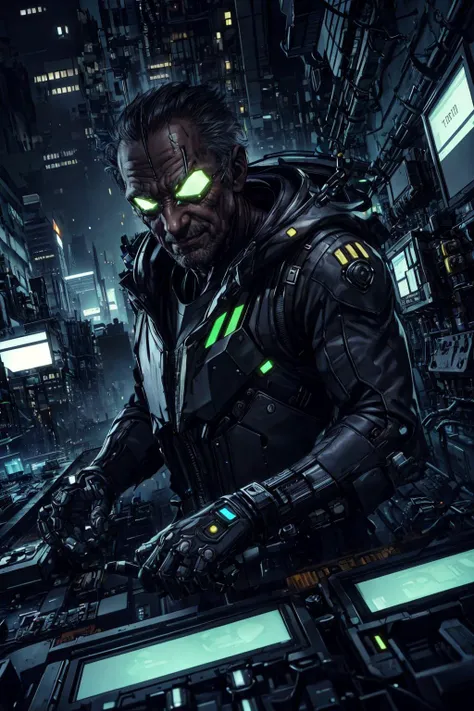 (best quality, masterpiece:1.2), 8k detailed cgi render, thick outlines, strong shadows, <lora:add_detail:0.75>,
(1man, wrinkled face, old male:1.2), wise, hazel eyes, graying hair, razor cut,
looking at viewer, solo, half shot, detailed background, detailed face, (<lora:ConstructionyardAIV3:0.6>, constructionyardai theme:1.1) evil high-tech futuristic hacker, smirk, advanced technology, techwear, wearable device, keycard, electronics, head-up display, (holographic display:1.05), error message, numbers, computer, neural network, control panel in background, subterfuge, dark sinister atmosphere,