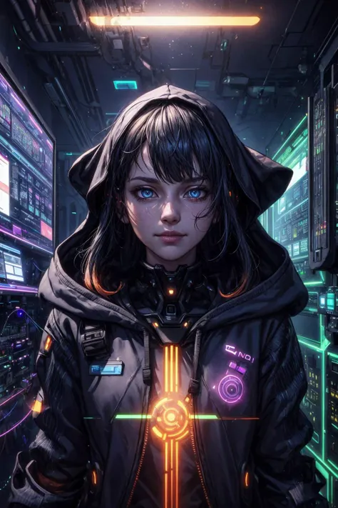 (best quality, masterpiece:1.2), 8k detailed cgi render, thick outlines, strong shadows, <lora:add_detail:0.75>,
1 girl, adult (elven:0.7) woman, grey eyes, dark red long hair,
portrait, looking at viewer, solo, upper body, detailed background, detailed face, (<lora:Neonpunkai-8:0.4>, Neonpunkai, neon theme:1.1) high-tech futuristic hacker, smirk, advanced technology, hoodie, techwear, blue (holographic display:1.05), unauthorized, barcode, neural network, server room in background, orange lights, dark sinister atmosphere,