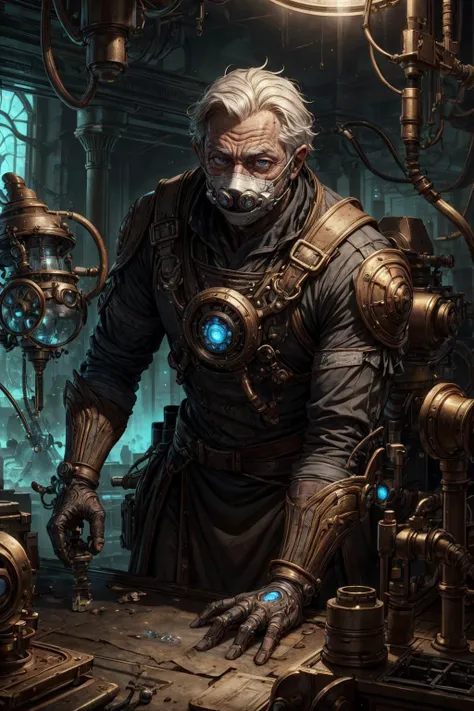 (best quality, masterpiece:1.2), 8k detailed cgi render, thick outlines, strong shadows, <lora:add_detail:0.75>,
(1man, wrinkled face, old  male:1.2), frail,  ruby eyes, graying hair, side part,
portrait, looking up, solo, upper body, detailed background, detailed face, (<lora:DwemerTech:0.7> dwemertech theme:1.1), inventor, safety-goggles, shirt, innovation, advanced technology, fantasy science lab in background, biology, microscope,   surgical mask,  autoclave, dna, air filter, bright lighting,