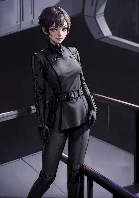 ((best quality, masterpiece:1.2), star wars theme, 8k detailed photo),  AIDA_MeikaWoo2023, Gorgeous Star Wars Imperial death star gunner, all black uniform,  ((full body leaning against railing)), (folded arms), (slender build, action pose), (death star theme), ((purple:grey eyes)), makeup, mascara, eyeshadow, red lipstick, light brown hair, very short pixie cut, [freckles on cheeks], ((arrogant expression, proud smile, looking at camera, best quality, perfect face, half-smile, RAW photo))  <lora:ImpofficerV2:0.4>