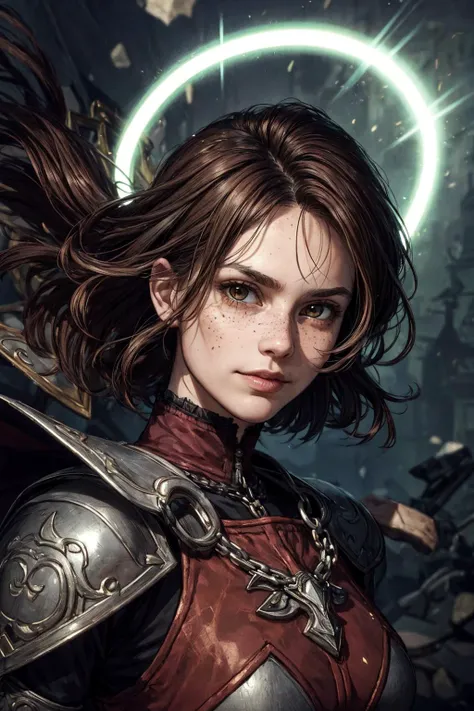 (best quality, masterpiece:1.2), photorealistic, thick outlines, strong shadows, <lora:add_detail:0.75>,
1 girl, adult hungarian woman, freckles, dark brown eyes, dark red wedge cut hair,
portrait, looking up, solo, (full body:0.6), detailed background, (victorian theme:1.1), angelic face, determined smile, battle cleric, dark couds, floating pebbles, fighting stance, pink chain mail, divine aura, bright realistic lighting, burning village, intense atmosphere, halo above head, tabard, hair blowing in wind,