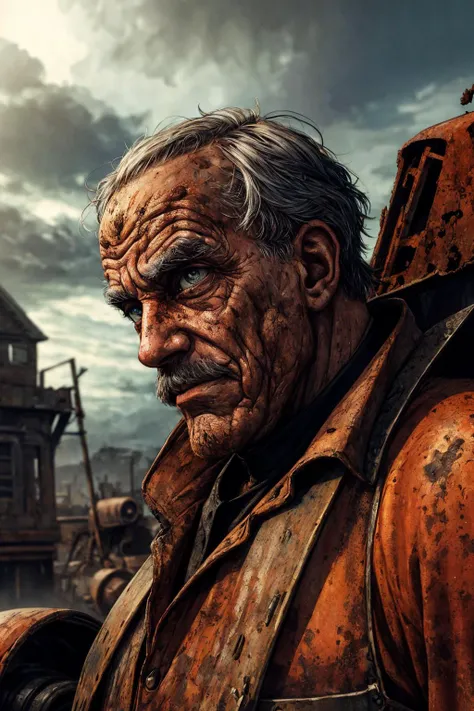 (best quality, masterpiece:1.2), photorealistic, thick outlines, strong shadows, <lora:add_detail:0.75>,
(1man, wrinkled face, old male:1.2), frail, silver eyes, gray hair, mustache,
solo, (full body:0.6), looking down, detailed background, detailed face, (victorian theme:1.1), rust-warrior, rusty armor, (rusty:1.05), brown rust, weathered, corroded, worn-out, dirt, fully rusted, machinery, dynamic pose, abandoned rust in background, low light, shadows, dark clouds, cinematic atmosphere,
<lora:marker:0.2>,