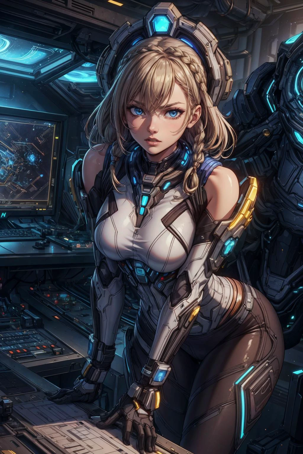 beautiful, linework, thick outlines, strong shadows, <lora:detail_slider_v4:1.0>,
(best quality, masterpiece:1.2), 8k detailed cgi render, thick outlines, strong shadows, <lora:add_detail:0.75>,
1 girl, adult british woman, grey-blue eyes, light blonde dutch braid, solo, half shot, looking at viewer, leaning forward, laced light brown open blouse, exposed shoulders, leggings, checkered pattern, headdress, control room in background, wind blowing, fluorescence,
<lora:TerranAIv2:0.5>, TerranAI, starcraft theme