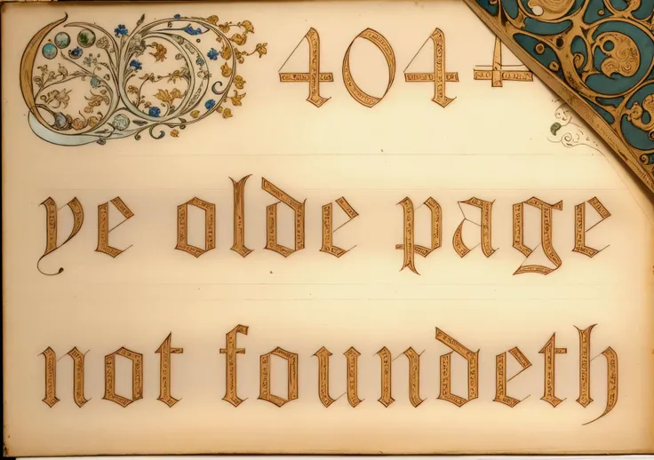 Worn medieval manuscript, old vellum scroll with Old English Text font reading '404 ye olde page not foundeth', masterpiece calligraphy, (Voynich style), doodles in margins