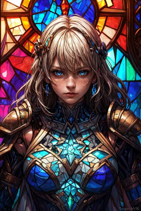 (best quality, masterpiece:1.2), photorealistic, thick outlines, strong shadows, <lora:add_detail:0.75>,
1 girl, adult (elven:0.7) woman, freckles, blue eyes, light blonde fringe hair,
portrait, solo, upper body, looking at viewer, detailed background, detailed face, (<lora:lora:FiveDecorsAIx3:0.6>, stainedglassai, stained glass theme:1.1), intense expression, dynamic pose, glass-cyborg, (made of glass:1.1),    fighter, crystal armor, mosaic, arcane,  magical patterns, mystic power,  magical sparks, reflections,  workshop in background, epic atmosphere,