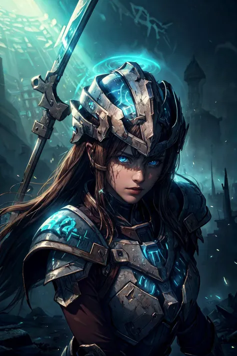 (best quality, masterpiece:1.2), photorealistic, thick outlines, strong shadows, <lora:add_detail:0.75>,
1 girl, adult irish woman, blue eyes, brown layered hair,
portrait, (bloody scars:0.7), looking at viewer, solo, half shot, detailed background, (<lora:GlowingRunesAIV3:0.6>, GlowingRunesAI_paleblue theme:1.1), focusing, battle cleric, dark couds, floating scraps, dark red plate armor, divine ray of light, bright realistic lighting, abandoned ruins, halo above head, coat of arms,