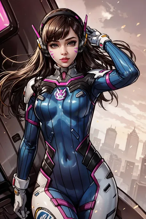 (masterpiece, best quality), intricate details,
1girl, <lora:dva:0.8> 1girl, d.va (overwatch), solo, long hair, whisker markings, bodysuit, brown hair, facial mark, gloves, breasts, brown eyes, pilot suit, cowboy shot, headphones, white gloves, medium breasts, swept bangs, skin tight, animal print, bangs, bunny print, ribbed bodysuit, facepaint, pink lips,
