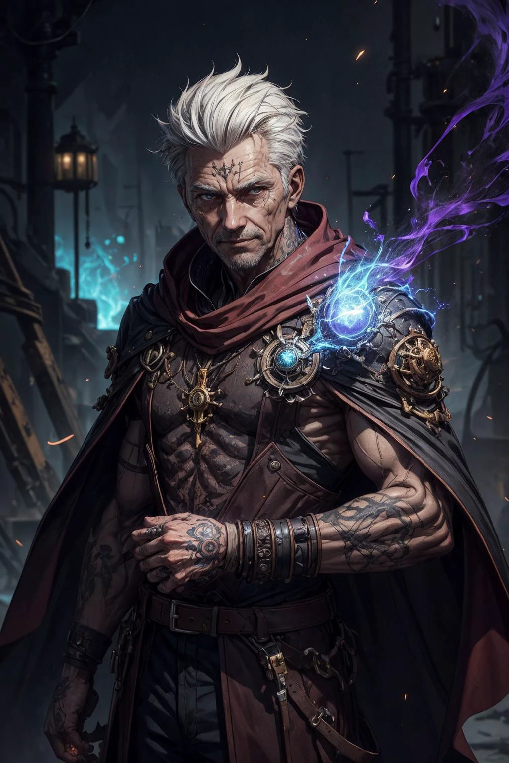 (best quality, masterpiece:1.2), 8k detailed cgi render, thick outlines, strong shadows, <lora:add_detail:0.75>,
(1man,  old  male:1.2),   black eyes, white hair, side-swept fringe,
(style-rustmagic:0.8), portrait, solo, half shot, looking at viewer, detailed background, detailed face,  smiling, tinkerer-mage,  movement, [magic|technology], combination of witchcraft and engineering, dark red detailed [enchanted clothes|engineering equipment], gear shaped tattoos, implants,  cloak, [cogs|ancient runes], [elemental manipulation floating particles,  [innovative|ethereal] aura, futuristic tinkerers workshop in background, <lora:Fire_VFX:0.2>, dark purple flames, , volumetric lighting, cinematic atmosphere,