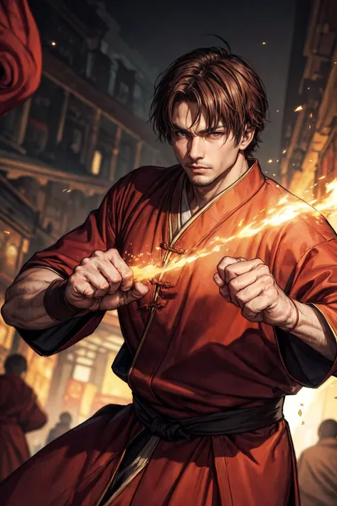 (best quality, masterpiece:1.2), photorealistic, thick outlines, strong shadows, <lora:add_detail:0.75>,
(1man, muscular adult male:1.2), pink eyes, brown hair, short hair,
looking at viewer, solo, (full body:0.6), detailed background, detailed face, ( dark fantasy theme:1.1), eastern, monk, dynamic pose, fighting stance, clenched fist, hitting, wristwraps, elemental themed clothes, monk robes, chinese festival in background, depth of field, dynamic composition, mystical eastern medieval atmosphere,