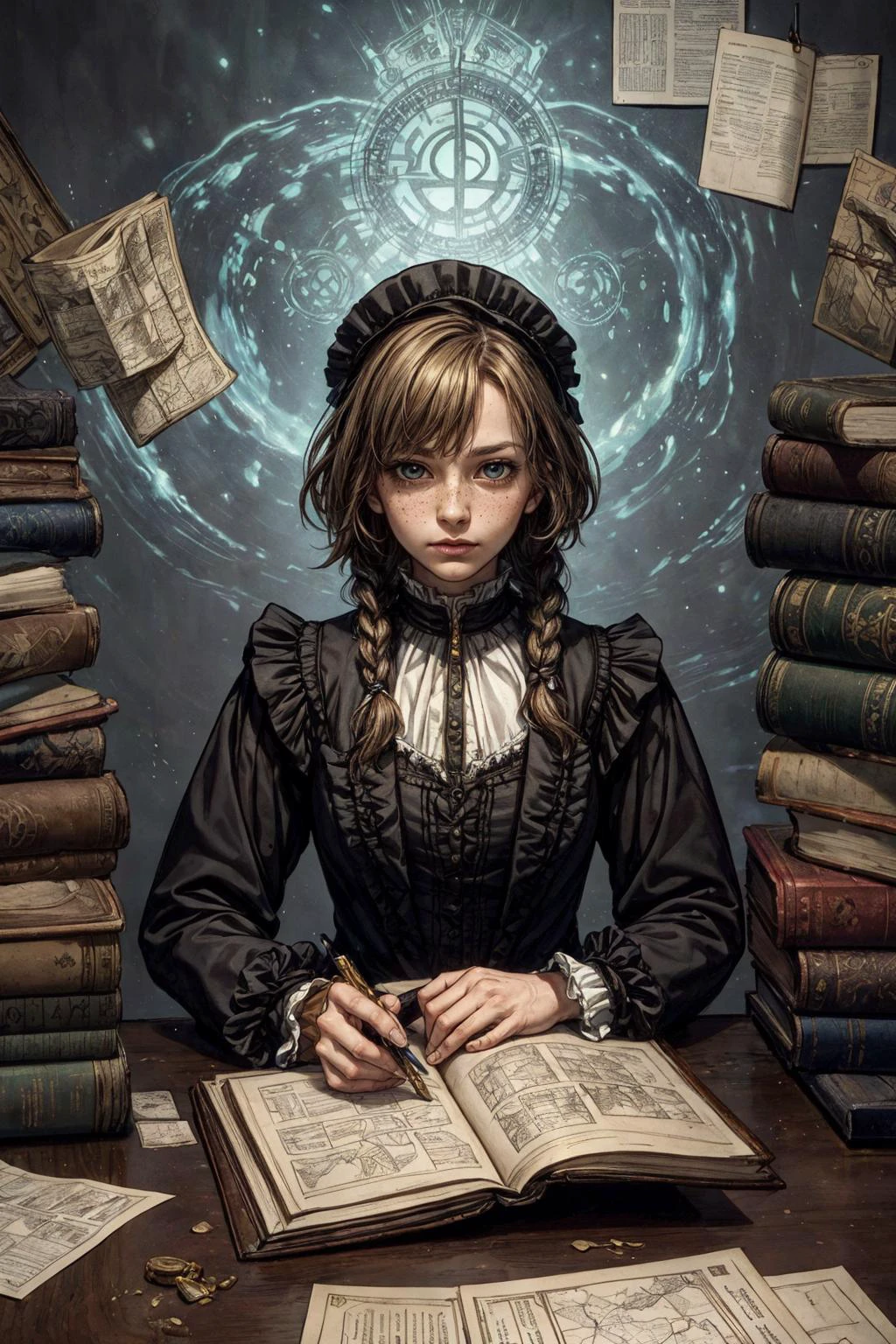(best quality, masterpiece:1.2), photorealistic, thick outlines, strong shadows, <lora:add_detail:0.75>,
1 girl, adult woman, freckles, aquamarine eyes, brown dutch braid,
portrait, solo, (full body:0.6), looking at viewer, detailed background, detailed face, intricate details, (victorian theme:1.1) scholar sitting at desk, simple clothes, researching, concentrating, surrounded by books, papers, maps, notes, swirling magical symbols, runes, abacus, cryptic device, formulas, floating magical symbols, magic emerging from text, (style-swirlmagic:1.0), knowledge, intelligence, library in background, mysterious atmosphere,
<lora:zaunT_zaunV1:0.3>,