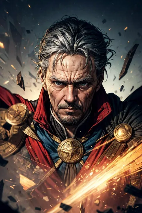 (best quality, masterpiece:1.2), photorealistic, thick outlines, strong shadows, <lora:add_detail:0.75>,
(1man, old russian male:1.2), wise, black eyes, gray hair, low-fade,
portrait, (bloody scars:0.7), looking at viewer, solo, upper body, detailed background, close up, ( doctor strange theme:1.1), superhero, determined expression, cape, urban battle scene, running, broken glass, building frame, explosions, battle scene, epic cinematic atmosphere,