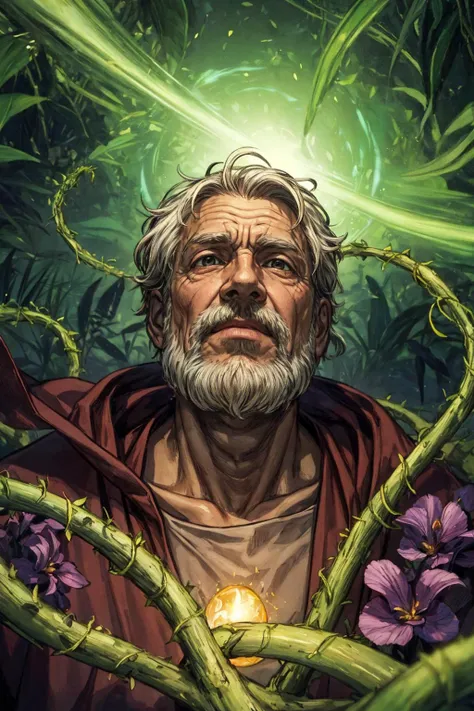 (best quality, masterpiece:1.2), photorealistic, thick outlines, strong shadows, <lora:add_detail:0.75>,
(1man, wrinkled face, old byzantine male:1.2), wise, dark brown eyes, graying hair, scissor cut,
character focus portrait, solo, upper body, looking up, detailed background, detailed face, (tropical jungle theme:1.1), serene expression, forest druid, wearing natural colored brown robes, fur-lined, feathers, dynamic pose, healing magic, magic, green magic , glowing orbs, (style-swirlmagic:0.8), vines, rock, blooming dark red flowers, lavenders, plants, bloom, clearing in background, ethereal atmosphere,