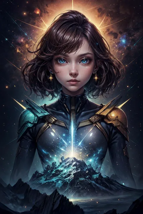 (best quality, masterpiece:1.2), photorealistic, thick outlines, strong shadows, <lora:add_detail:0.75>,
1 girl, adult (elven:0.7) woman,  aquamarine eyes, dark brown wedge cut hair,
 portrait, solo, (full body:0.6), looking at viewer, detailed background, detailed face, (startrek theme:1.1)  living star constellation, star sign,  calm composure, benign, capricornus, esoteric geometric patterns, celestial , galaxies, bright rainbow lights,   bloom, metaphysics, enlightenment, floating particles,   cosmic space background, surreal esoteric atmosphere,
<lora:adventurers_v1:0.4>,