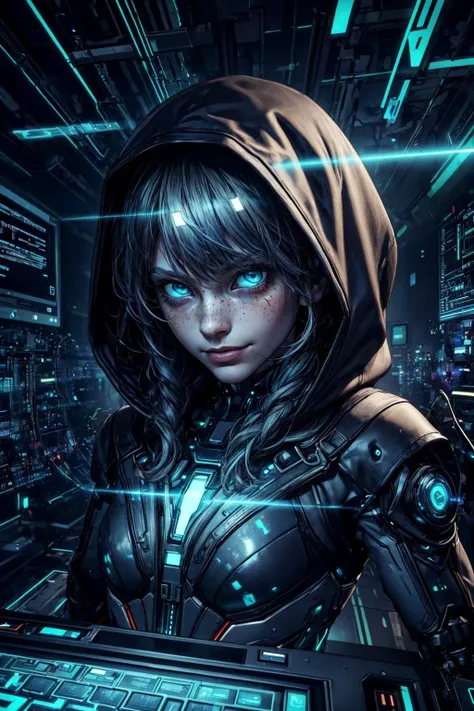 (best quality, masterpiece:1.2), 8k detailed cgi render, thick outlines, strong shadows, <lora:add_detail:0.75>,
1 girl, adult (elven:0.7) woman, freckles, turquoise eyes, dark red wavy hair,
looking at viewer, solo, half shot, detailed background, detailed face, (<lora:AntimatterTech-20:0.5>, antitech, antimatter theme:1.1) high-tech futuristic hacker, smirk, advanced technology, hoodie, techwear, wearable device, head-up display, blue (holographic display:1.05), barcode, computer, neural network, control panel in background, red lights, cyber-warfare, dark sinister atmosphere,
scg, <lora:stylized3DModelLora_v20:0.2>,