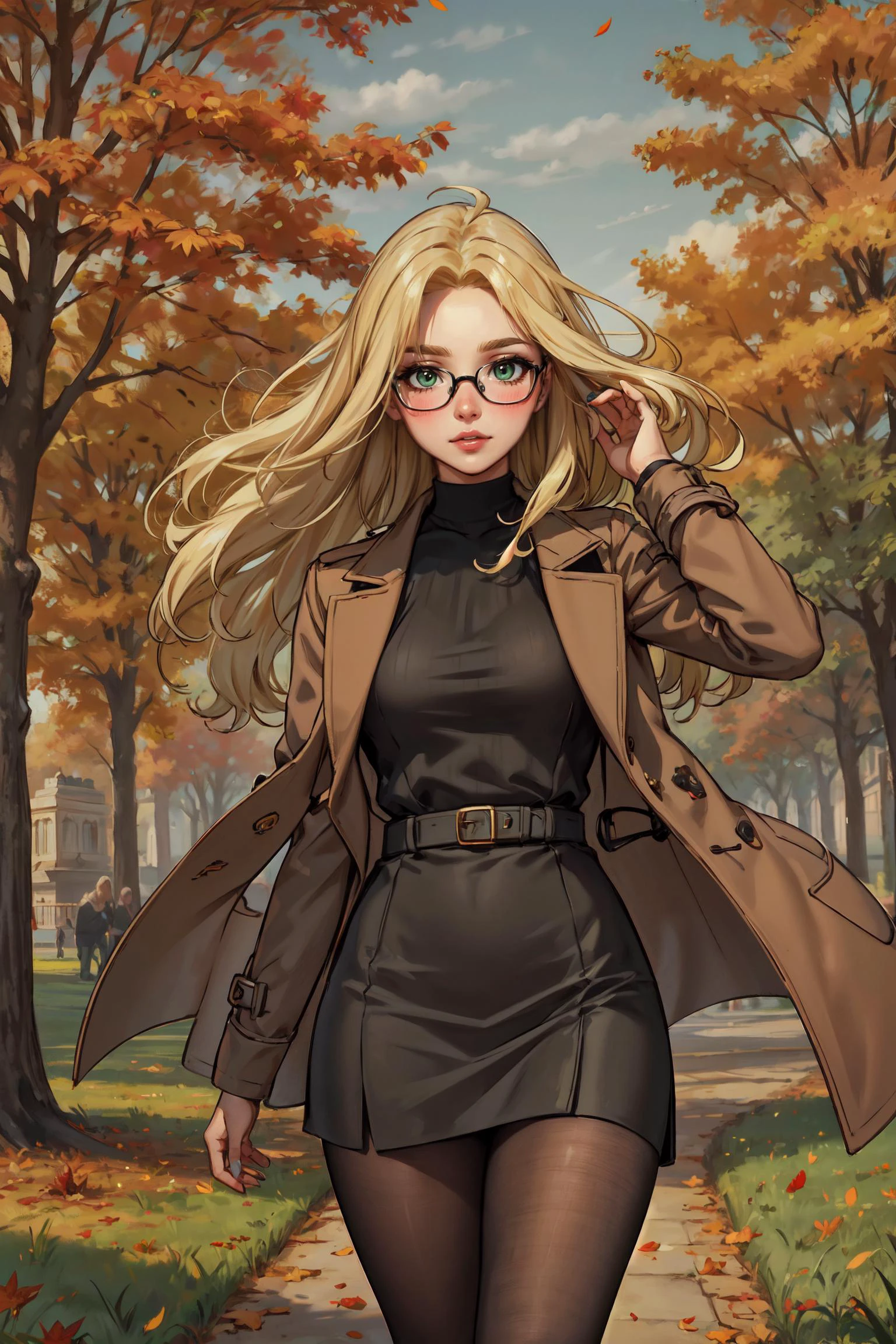best quality, masterpiece,
beautiful, linework, thick outlines, strong shadows, 1 girl (wearing an oversized tan long wool coat), black shirt, black pantyhose, autumn, posing for a photoshoot, outside, park, (green park, grass, plants), adjusting her (thick-rimmed black glasses), dynamic pose, (streaked hair:0.9), (hair flowing by wind:1.2), autumn leaf petals, milf
BREAK
(blonde hair, mid parted hair, straight hair, long hair:1.3), blush, beautiful green eyes