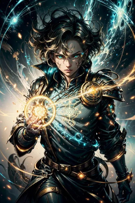 (best quality, masterpiece:1.2), photorealistic, thick outlines, strong shadows, <lora:add_detail:0.5>, (1man, male, handsome), green eyes, short brown hair, side part, looking at viewer, solo, (full body:0.6), detailed background, detailed face, black wizard shirt with golden trim, (white lab coat) moving in the wind, casting spell, (golden:0.7) magic airwaves, floating particles, action pose, magic circle, opening a portal, (style-nebmagic:0.6), scifi background, intense gaze, detailed face, <lora:GlowingRunesAIV3:.6>, GlowingRunesAI_yellow