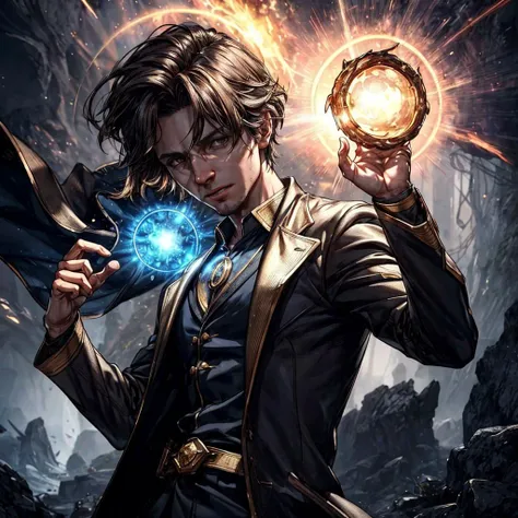 photorealistic photo of a handsome young male scientist-wizard, black wizard shirt with golden trim, white lab coat moving in the wind, short brown hair, fully clothed, perfect face, handsome, (perfect composition:1.4), deviantart hd, artstation hd, concept art, detailed face and body, award-winning photography, margins, detailed face, detailed hands, backlight, 12k ultrarealistic, ray tracing, intense gaze, looking at the viewer, cinematic lighting, art by Grzegorz Rutkowski, embers, high scifi background, action pose, hands up to 90 degrees, magic circle, opening a portal, electrical arc, misty, embers, <lora:add_detail:1>