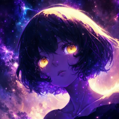 8k, trip to fantasy, suprarealism, masterpiece, best quality, dreamful, universe with the shape of a girl, girl made of stars, complex, short hair, disheveled_hair, aged down, bob cut, yellow eyes, nebula, beautiful detailed eyes, anime style, digital art, pixiv, dark, night, starry sky, high contrast, purple colors, detailed, dynamic movement, cosmic beauty, in space, nebula, <lora:kVoidEnergy:0.7>, <lora:add_detail:0.9>, <lora:reiAyanamiEvangelion_v6FullRelease:0.5>,