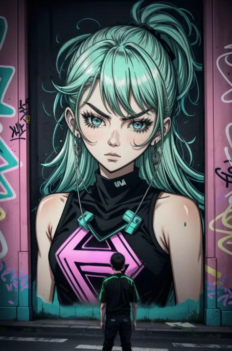 graffiti style one guy, serious face, neon lighting, broad shoulders, delicate shades, dramatic <lora:detailed_notrigger:1> <lora:CharacterDesign_Concept:0.5> . street art, vibrant, urban, detailed, tag, mural