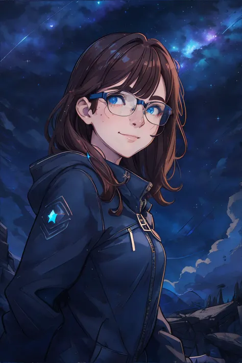 <lora:starrynightscene-gasia:0.7>, starryscene, night time, night sky, outdoors, dynamic lighting, volumetric lighting, <lora:bzl:0.8>, bzl_test, short wavy brown hair, (blue|grey) eyes, glasses, closed smile, (freckles:0.4), masterpiece, 8k, high resolution, shallow depth of field, sharp focus