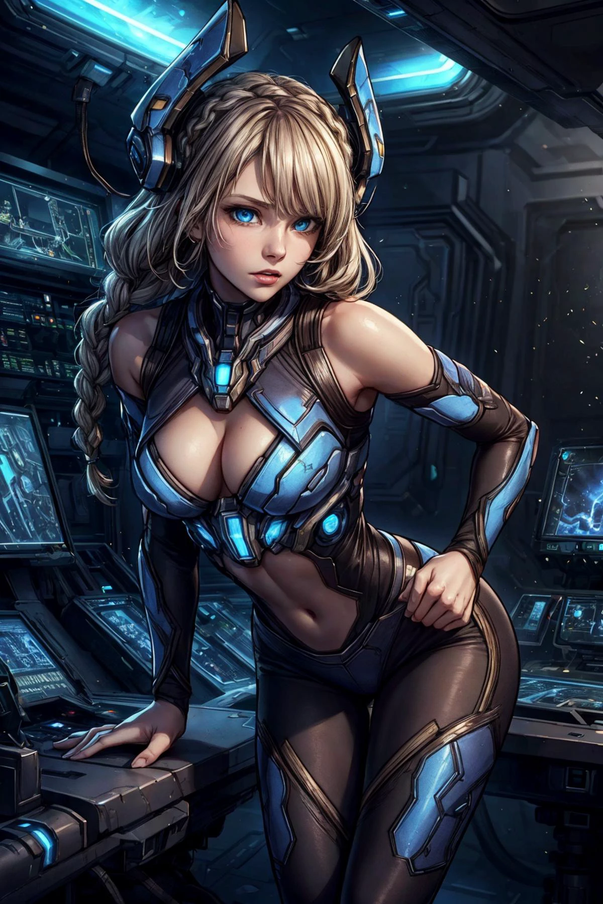 (best quality, masterpiece:1.2), 8k detailed cgi render, thick outlines, strong shadows, <lora:add_detail:0.75>,
1 girl, adult british woman, grey-blue eyes, light blonde dutch braid, solo, half shot, looking at viewer, leaning forward, laced light brown open blouse, exposed shoulders, leggings, checkered pattern, headdress, control room in background, wind blowing, fluorescence,
<lora:TerranAIv2:0.5>, TerranAI, starcraft theme