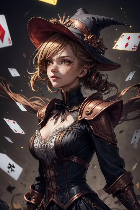 (best quality, masterpiece:1.2), 8k detailed cgi render, thick outlines, strong shadows, <lora:add_detail:0.75>,
1 girl, adult woman, freckles, yellow eyes, copper twin drills hair,
portrait, solo, upper body, detailed background, detailed face, (victorian theme:1.1), [wide smile, (card-wizard:1.05), swindler, dark red magician outfit, dynamic pose, (cards floating in the air:1.15), <lora:LightingVFX:0.2>, lightning in background, updraft, ethereal atmosphere,