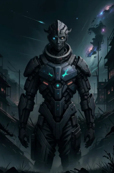 space-themed biomechanical cyberpunk horror-themed one guy, predatory pupil, shining eyes, aloof expression, ferocious aura, broad shoulders, blood, looking at the viewer <lora:detailed_notrigger:1> <lora:CharacterDesign_Concept:0.5> <lora:art-v5-15:0.8> . eerie, unsettling, dark, spooky, suspenseful, grim, highly detailed . cybernetics, human-machine fusion, dystopian, organic meets artificial, dark, intricate, highly detailed . cosmic, celestial, stars, galaxies, nebulas, planets, science fiction, highly detailed