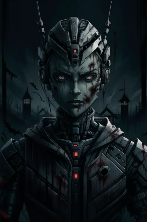 cybernetic style horror-themed one guy, predatory pupil, shining eyes, aloof expression, ferocious aura, broad shoulders, blood, looking at the viewer <lora:detailed_notrigger:1> <lora:CharacterDesign_Concept:0.5> <lora:art-v5-15:0.8> . eerie, unsettling, dark, spooky, suspenseful, grim, highly detailed . futuristic, technological, cybernetic enhancements, robotics, artificial intelligence themes