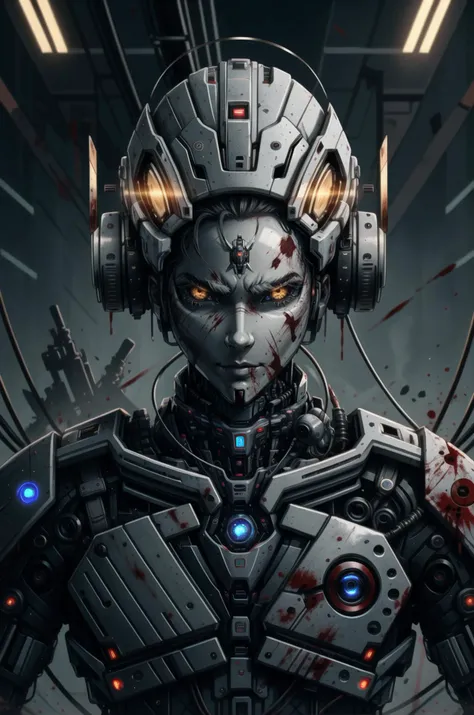 cybernetic robot one guy, predatory pupil, shining eyes, aloof expression, ferocious aura, broad shoulders, blood, looking at the viewer <lora:detailed_notrigger:1> <lora:CharacterDesign_Concept:0.5> <lora:art-v5-15:0.8> . android, AI, machine, metal, wires, tech, futuristic, highly detailed