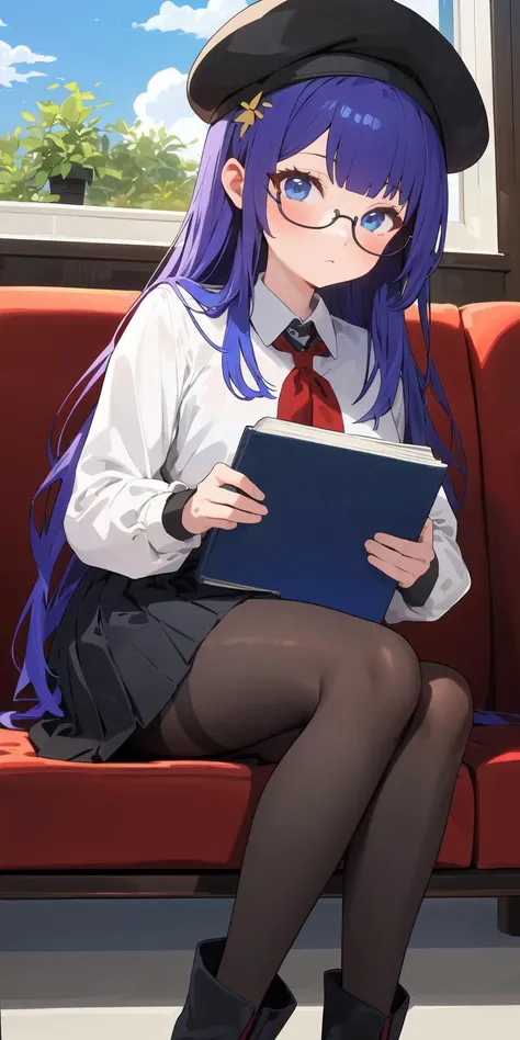 <lora:Hood x Art - Style[MockAi - v1.0]:1>, hoodxart, muted colors, smooth textures, soft shading, sharp contrast, anime style, simplistic lineart, 
1girl, solo, pantyhose, long hair, book, blue eyes, hat, sitting, glasses, holding book, window, holding, looking at viewer, couch, gloves, on couch, indoors, black gloves, skirt, beret, blue hair, boots, round eyewear, black headwear, bangs, closed mouth, white footwear, plant, long sleeves, day, cloud, black pantyhose, black skirt, sky, blush, brown pantyhose, neckerchief, pleated skirt, shirt, blue sky, sidelocks, dress, white shirt, high heels, hair ornament, purple hair, open book