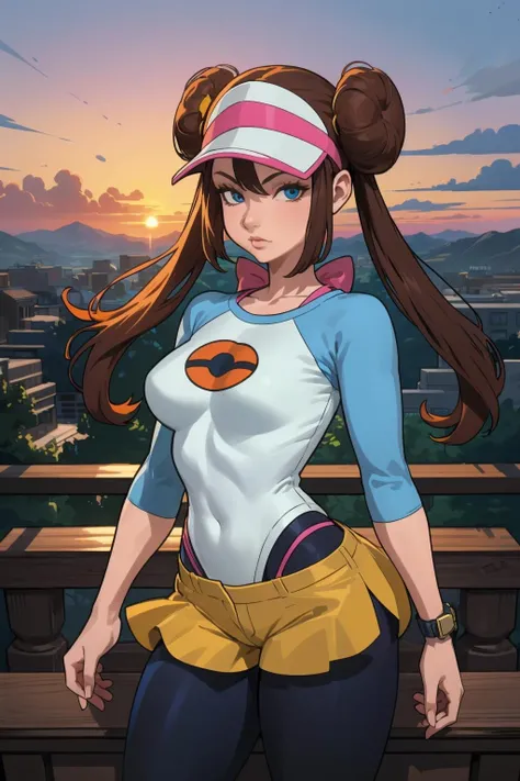 1girl, (solo:1.2), (talking:1.3), (looking at viewer:1.5), (cowboy shot:1.5), (masterpiece:1.3), (best quality:1.3), (perfect anatomy:1.4), highly detailed, (orange sky:1.2), (cowboy scenery:1.2), (sunset:1.4), outside, summer, <lora:Rosa [h_madoka - v1.0]:0.7> ro1, hair bun, blue eyes, twintails, visor cap, pantyhose, raglan sleeves, yellow shorts, shirt, pink bow, wristwatch, medium breasts, young female,, <lora:Hood x Art [MockAi - v1.0]:1> hoodxart, (muted colors:1.2), smooth textures, soft shading, (sharp contrast:1.2), anime style, (simplistic lineart:1.2)