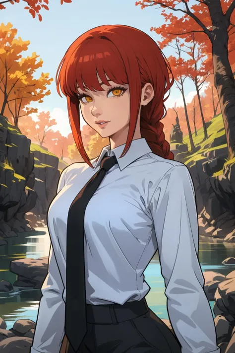 1girl, (solo:1.2), (looking at viewer:1.5), (upper body:1.5), (walking:1.2), (cowboy shot:1.5), (masterpiece:1.3), (best quality:1.3), (perfect anatomy:1.4), highly detailed, (secluded river scenery:1.2), (sunlight through trees:1.3), daylight,natural rock formations, nature,, <lora:Makima [nochekaiser881 - v1.0]:0.8> makima, long hair, smile, bangs, (yellow eyes:1.2), braid, red hair, braided ponytail, ringed eyes, shirt, long sleeves, white shirt, necktie, collared shirt, pants, black pants, formal, suit, black necktie, shirt tucked in, office lady, <lora:Hood x Art [MockAi - v1.0]:1> hoodxart, (muted colors:1.2), smooth textures, soft shading, (sharp contrast:1.2), anime style, (simplistic lineart:1.2)