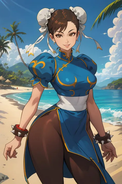 1girl, (solo:1.2), (standing:1.3), (interacting:1.3), (cowboy shot:1.5), (curvy:1.2), smile, happy, at ease, (masterpiece:1.3), (best quality:1.3), (perfect anatomy:1.4), highly detailed, (tropical beach:1.3), palm trees, azure blue water, daylight, summer,, <lora:SF - Chun-Li [FrogTheJam - v1.0]:0.9> chun li, brown eyes, short hair, brown hair, double bun, bun cover, blue dress, pelvic curtain, spiked bracelet, sash, brown pantyhose, <lora:Yoshio (55level) [MockAI - v1.0]:1> 55level, semi-traditional artstyle, (clean lineart:1.3), (soft shading:1.2), expert shading