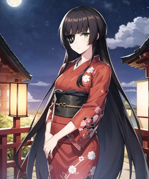 masterpiece, best quality, ultra-detailed, illustration, warm lighting, bright colors, 1girl, solo, very long hair, eyepatch, bangs, green eyes, black hair,
((expressionless)), sash, obi,
beautiful detailed sky, moon, night time,
kimono, old Shinto shrine in the background, Japan,
<lora:leejisoo:0.65>