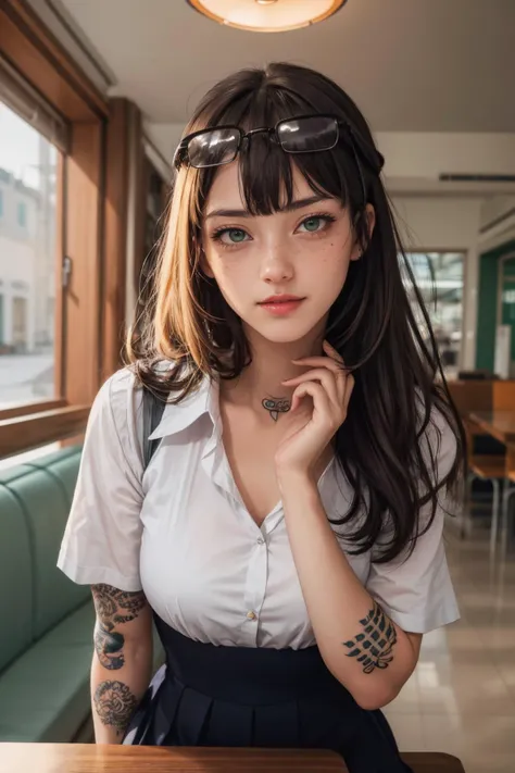 sexy, (detailed eyes), (detailed face), beautiful lady, (pov sitting across table:1.1), looking at viewer, sexy verdant dress, skin tight red, dress, blush, (naughty) (naughty smile:0.9), emerald eyes, blonde hair, (smiling:0.9)
(mystical tattoo:0.9), (neck tattoo), ((narrow waist)), skinny, thin, (fit body:1.1), (perfect proportions:0.8), (perfect anatomy:0.8), red lipstick,
(cowboy shot:1.1),
(shiny skin)
<lora:kanamori:0.8> kanamori, 1girl, freckles, solo, eyewear on head, looking at viewer, serafuku,, sanpaku, school uniform
BREAK,
good hands, detailed hands, anatomical hands,
(beautiful composition:1.1), masterpiece, fantasy, sexy, petite, soft glow, polished, clean image, <lora:epi_noiseoffset2:1> gorgeous, stunning, triadic colors, high contrast, Vivid color, dark,
<lora:CONCEPT_pov_dating_ownwaifu:1> (concept_pov_dating_ownwaifu:1.1), www.ownwaifu.com, 1girl, solo, looking at viewer, breasts, sitting at table <lora:more_details:0.2>, perfect teeth, overlooking beautiful tropical island beach view, (volumetric lighting), (dynamic lighiting), godrays, Rembrandt lighting, real shadows, intricate detail, photorealistic, photograph, photo, dlsr, Fuji Film, extremely high detail, detailed skin texture, (blush:0.2), (goosebumps:0.3), subsurface scattering